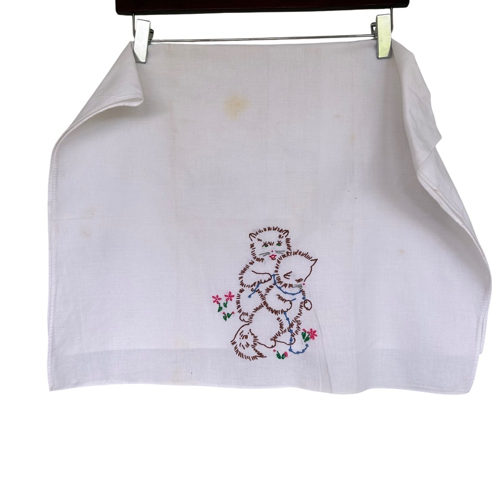 Unbranded Embroidered Linen Unisex OS White Vintage Kitten Cat Tea Towel Decor